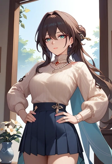 star rail,ruan mei,skirt,pleated,turtleneck sweater  - AI generated anime art